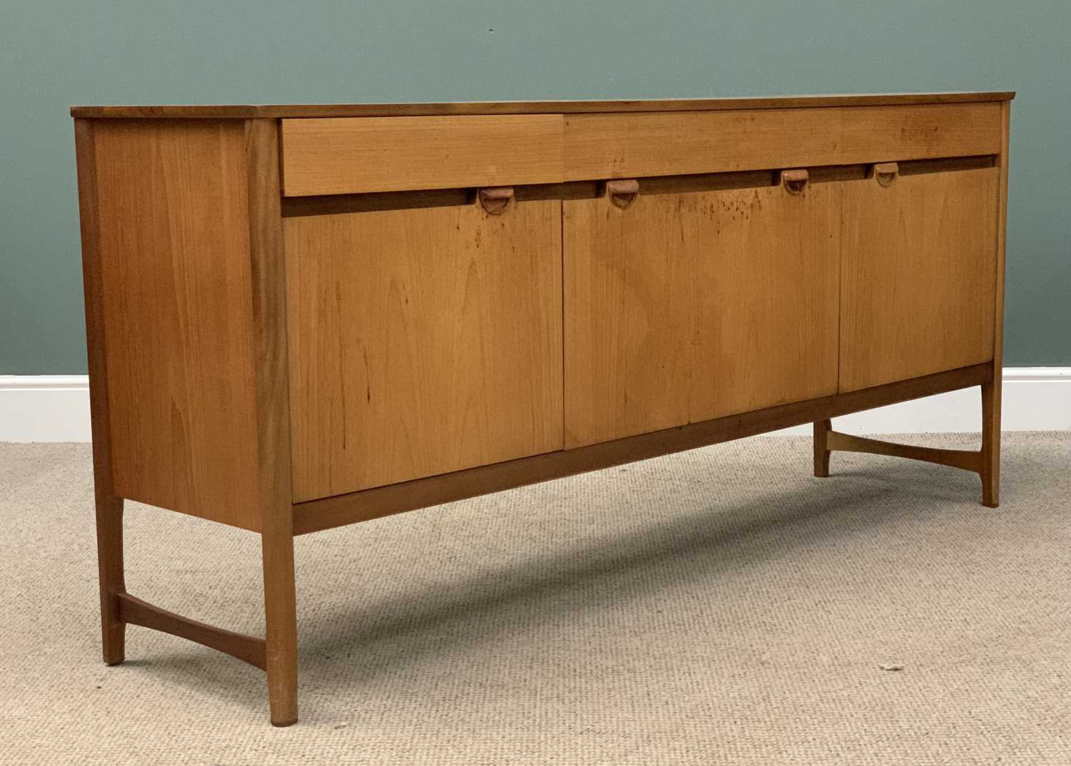 MID-CENTURY TYPE LIGHT WOOD SIDEBOARD having three frieze drawers over two cupboard doors and a fall - Image 5 of 5