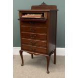 EDWARDIAN MAHOGANY SIX DRAWER MUSIC CABINET with rail back, drop down front drawers and music