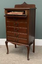 EDWARDIAN MAHOGANY SIX DRAWER MUSIC CABINET with rail back, drop down front drawers and music