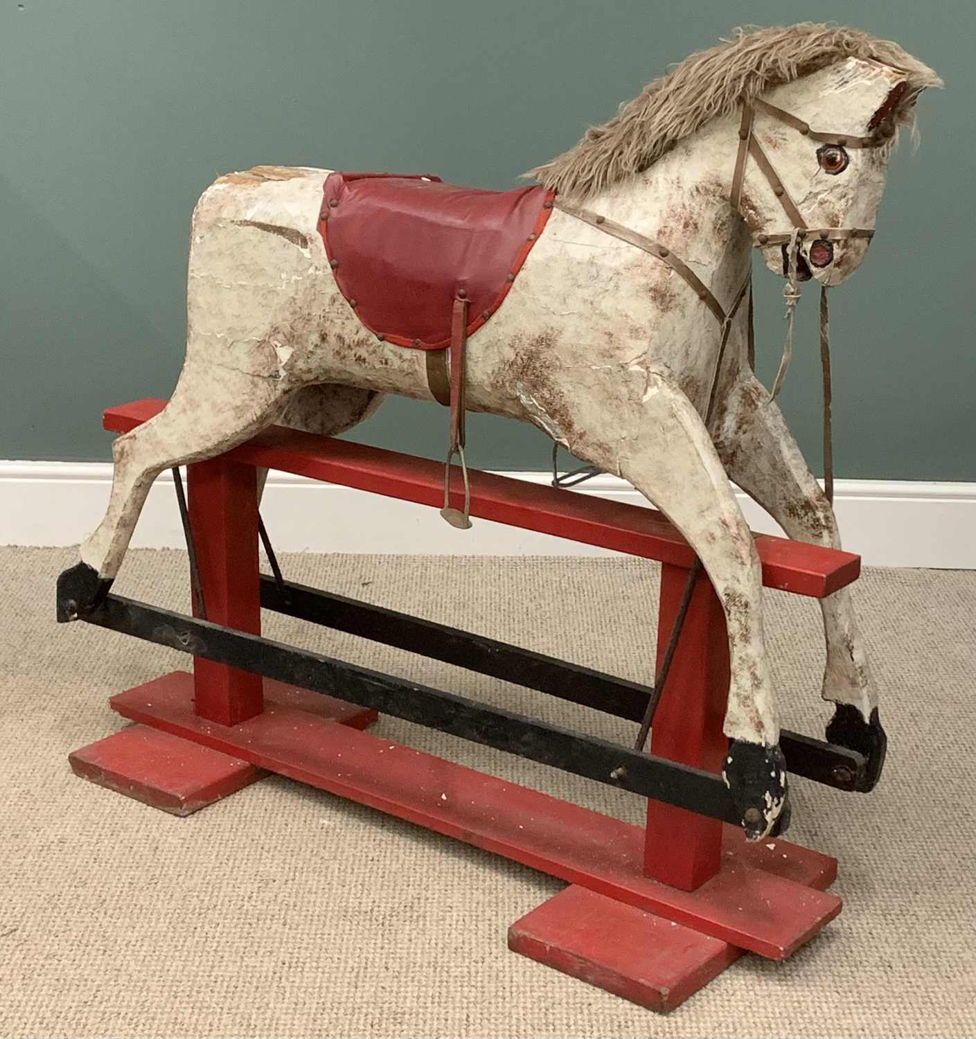 VINTAGE ROCKING HORSE painted white with a red base and saddle, 106 (h) x 116 (w) x 40 (d) cms - Image 2 of 3