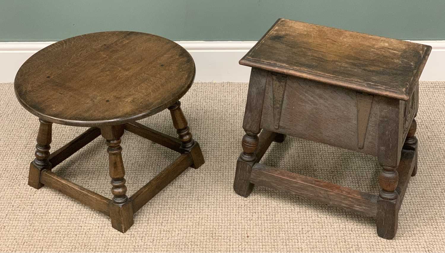 RUSTIC (DUTCH) CARVED OAK STOOL with lift-up lid, 45 (h) x 48 (w) x 34 (d) cms and a circular topped - Image 3 of 6