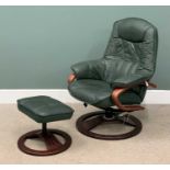 STRESSLESS TYPE REVOLVING & RECLINING ARMCHAIR with matching footstool, in green leather effect