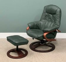 STRESSLESS TYPE REVOLVING & RECLINING ARMCHAIR with matching footstool, in green leather effect