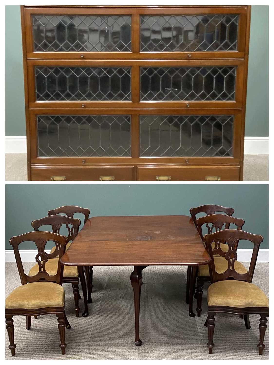 VINTAGE MAHOGANY LIBRARY BOOKCASE having three leaded glass letterbox doors over two drawers