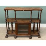 BURR WALNUT WHATNOT-CABINET having two upper shelves and a base with glazed doors and hairy paw