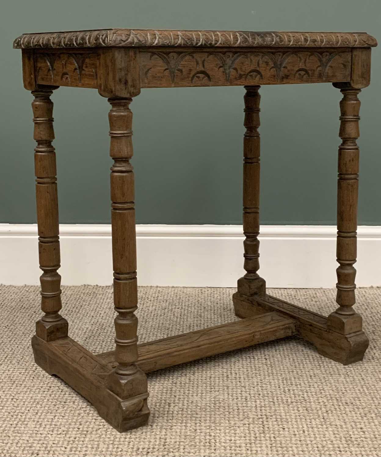 CARVED OAK SIDE TABLE with base stretcher, 65 (h) x 57 (w) x 37 (d) cms, a THREE LEGGED ELM - Image 2 of 7