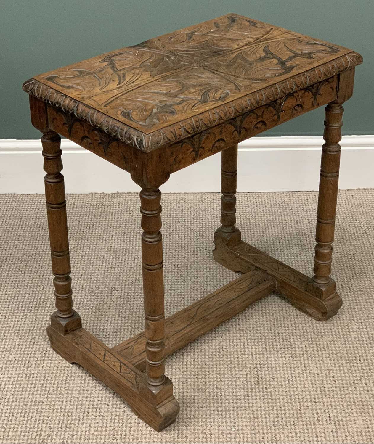 CARVED OAK SIDE TABLE with base stretcher, 65 (h) x 57 (w) x 37 (d) cms, a THREE LEGGED ELM - Image 4 of 7