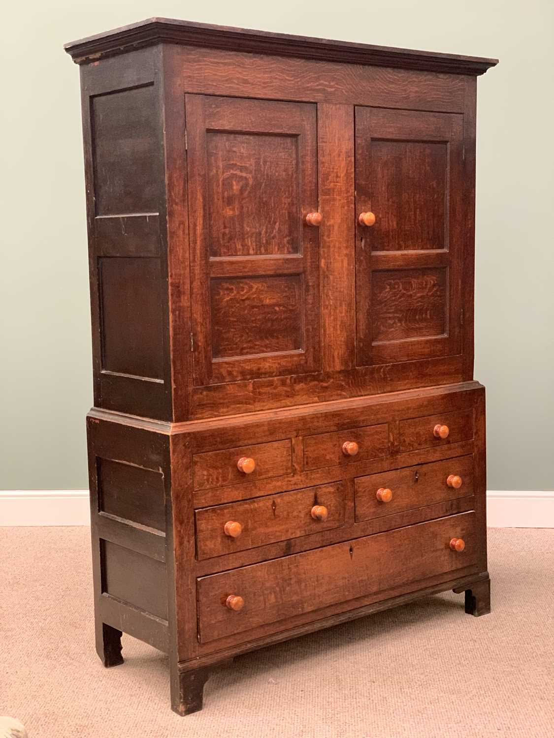 19th CENTURY WELSH OAK PRESS CUPBOARD having two opening doors with fielded panels over a base of - Image 6 of 6