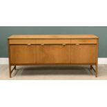MID-CENTURY TYPE LIGHT WOOD SIDEBOARD having three frieze drawers over two cupboard doors and a fall
