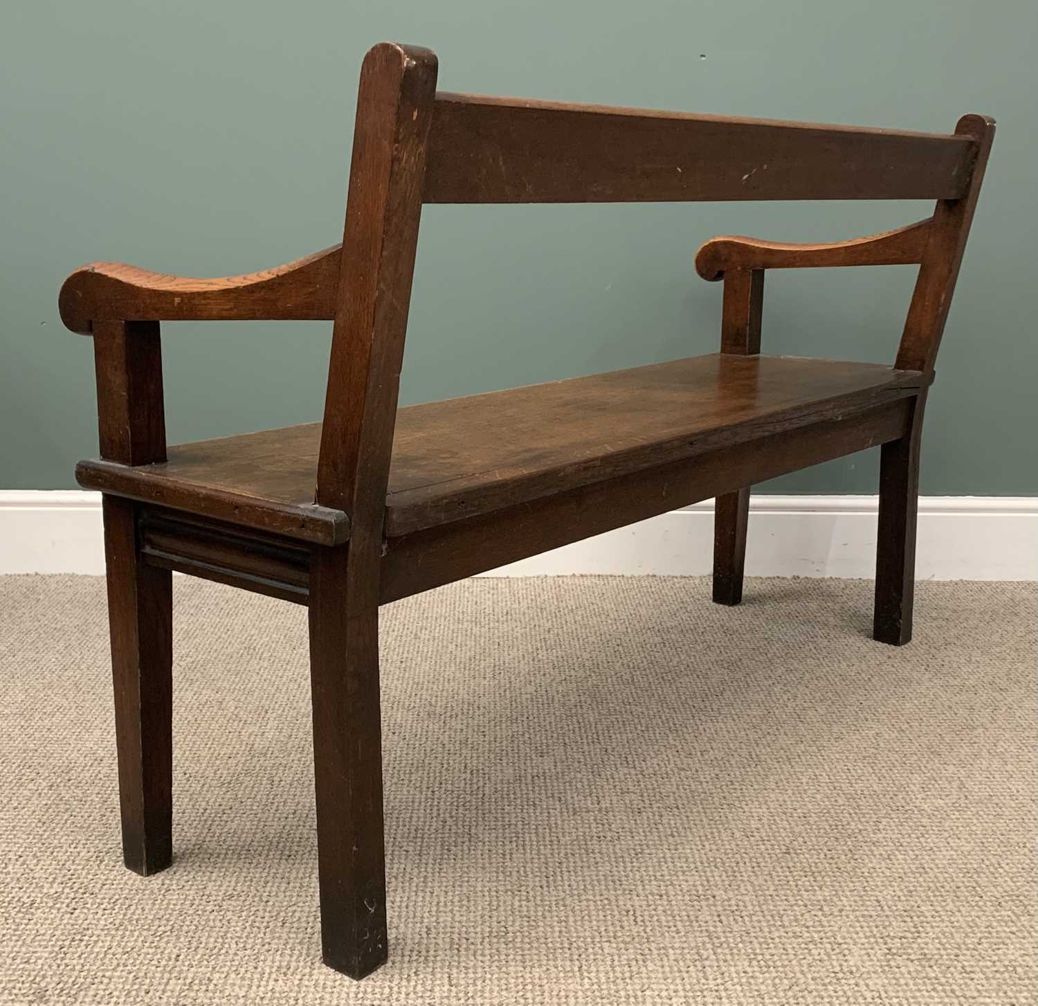 ANTIQUE OAK BENCH with scrolled arms and single rail back, 87 (h) x 141 (w) x 51 (d) cms Provenance: - Image 2 of 3