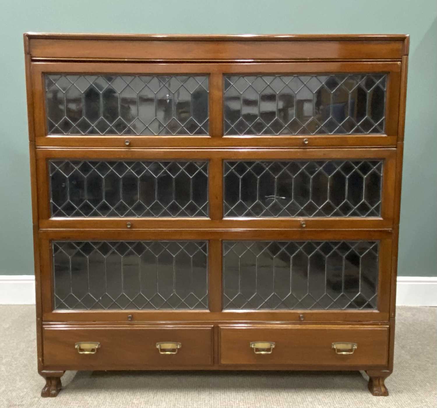 VINTAGE MAHOGANY LIBRARY BOOKCASE having three leaded glass letterbox doors over two drawers - Image 2 of 11
