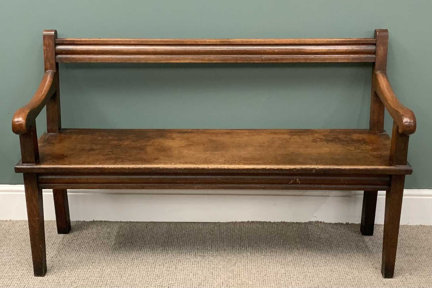 ANTIQUE OAK BENCH with scrolled arms and single rail back, 87 (h) x 141 (w) x 51 (d) cms Provenance: