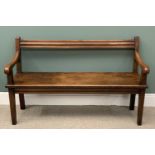 ANTIQUE OAK BENCH with scrolled arms and single rail back, 87 (h) x 141 (w) x 51 (d) cms Provenance: