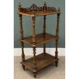 VICTORIAN BURR WALNUT THREE TIER WHATNOT, a fine example with galleried fretwork top and inlay,