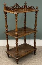 VICTORIAN BURR WALNUT THREE TIER WHATNOT, a fine example with galleried fretwork top and inlay,