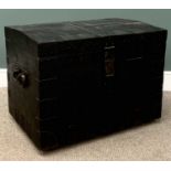 VINTAGE TRUNK, heavy quality, ebonized with iron handles and banding, 65 (h) x 86 (w) x 56 (d) cms