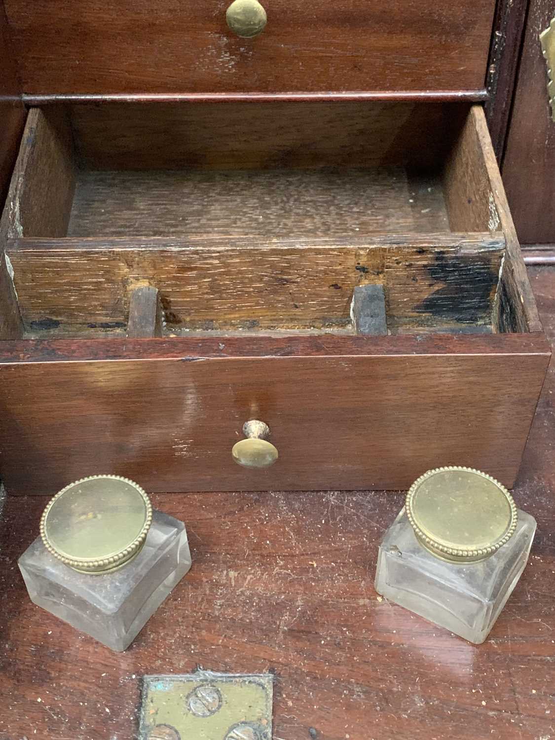 GEORGE III TYPE MAHOGANY CAMPAIGN BUREAU ON STAND with brass handles and furniture, 98 (h) x 61 ( - Image 6 of 6