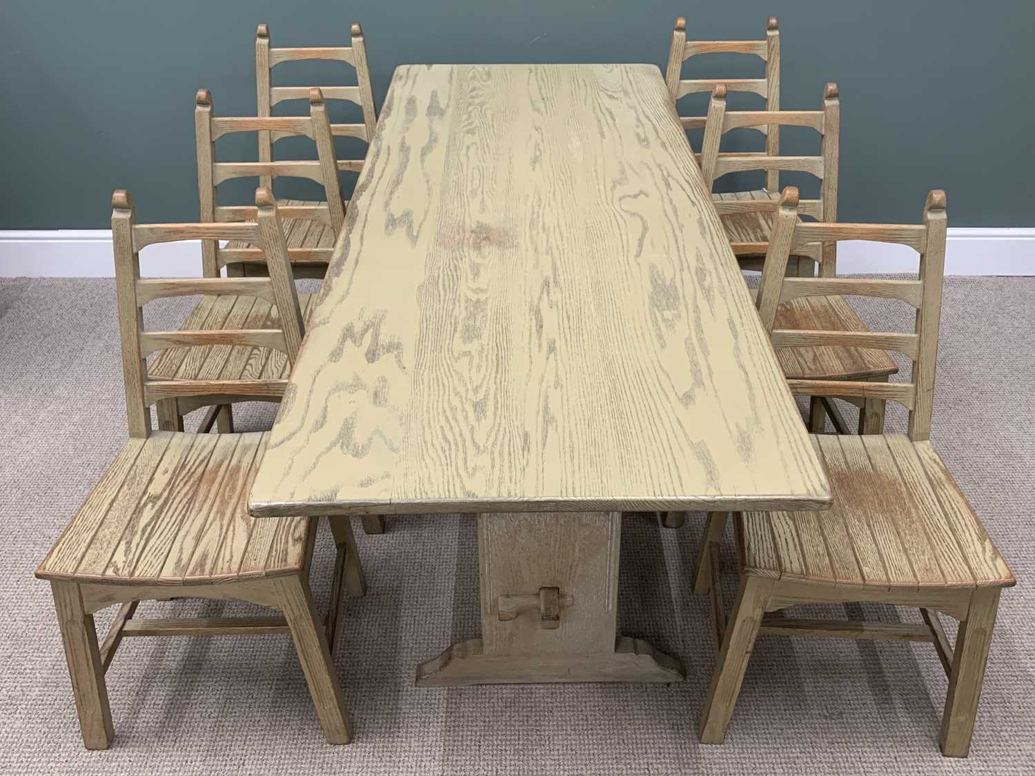 LIMED OAK DINING SUITE comprising refectory type table, 74 (h) x 198 (w) x 77 (d) cms, six dining - Image 13 of 17