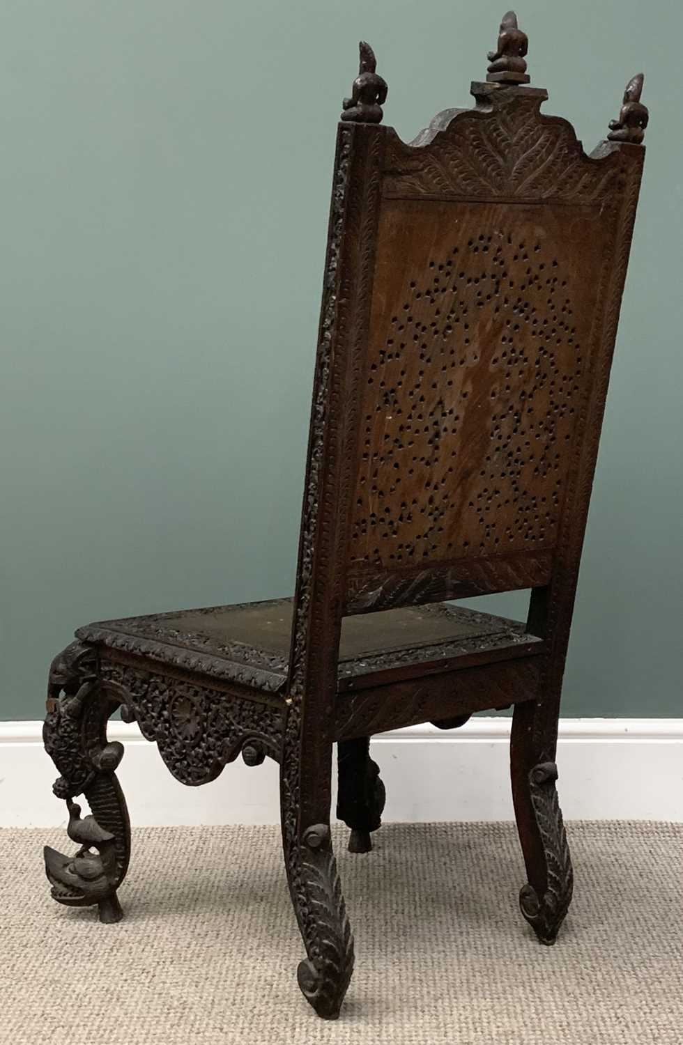 ANGLO-INDIAN ELEPHANT CHAIR profusely carved with huntsman to backrest, elephants to rail, figural - Image 4 of 6