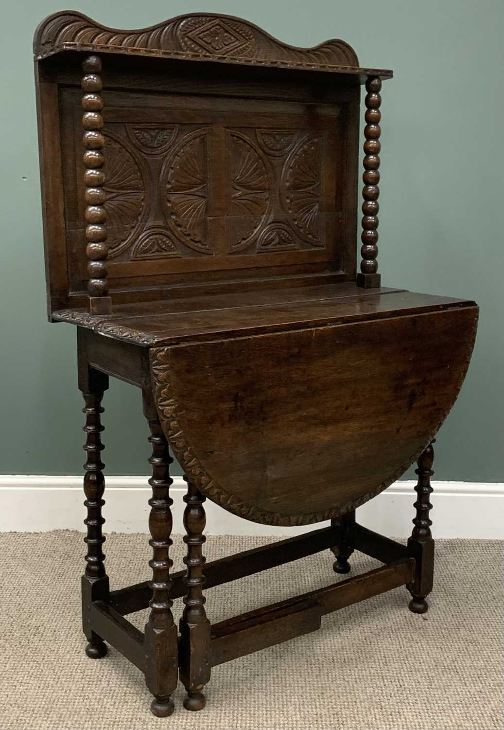 ANTIQUE DROP LEAF TABLE UNUSUALLY MARRIED WITH RAIL BACK, both elements carved, 136 (h) x 85 (w) x - Image 3 of 10