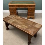 REPRODUCTION YEW TWIN PEDESTAL DESK, 76 (h) x 123 (w) x 51 (d) cms and a RUSTIC OAK COFFEE TABLE, 47