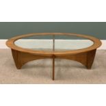 MID-CENTURY G-PLAN TEAK OVAL GLASS TOPPED COFFEE TABLE, 42 (h) x 122 (w) x 65 (d) cms Provenance: To