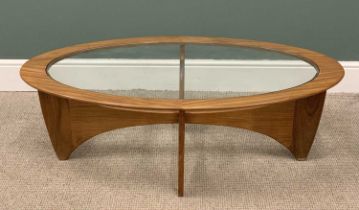 MID-CENTURY G-PLAN TEAK OVAL GLASS TOPPED COFFEE TABLE, 42 (h) x 122 (w) x 65 (d) cms Provenance: To