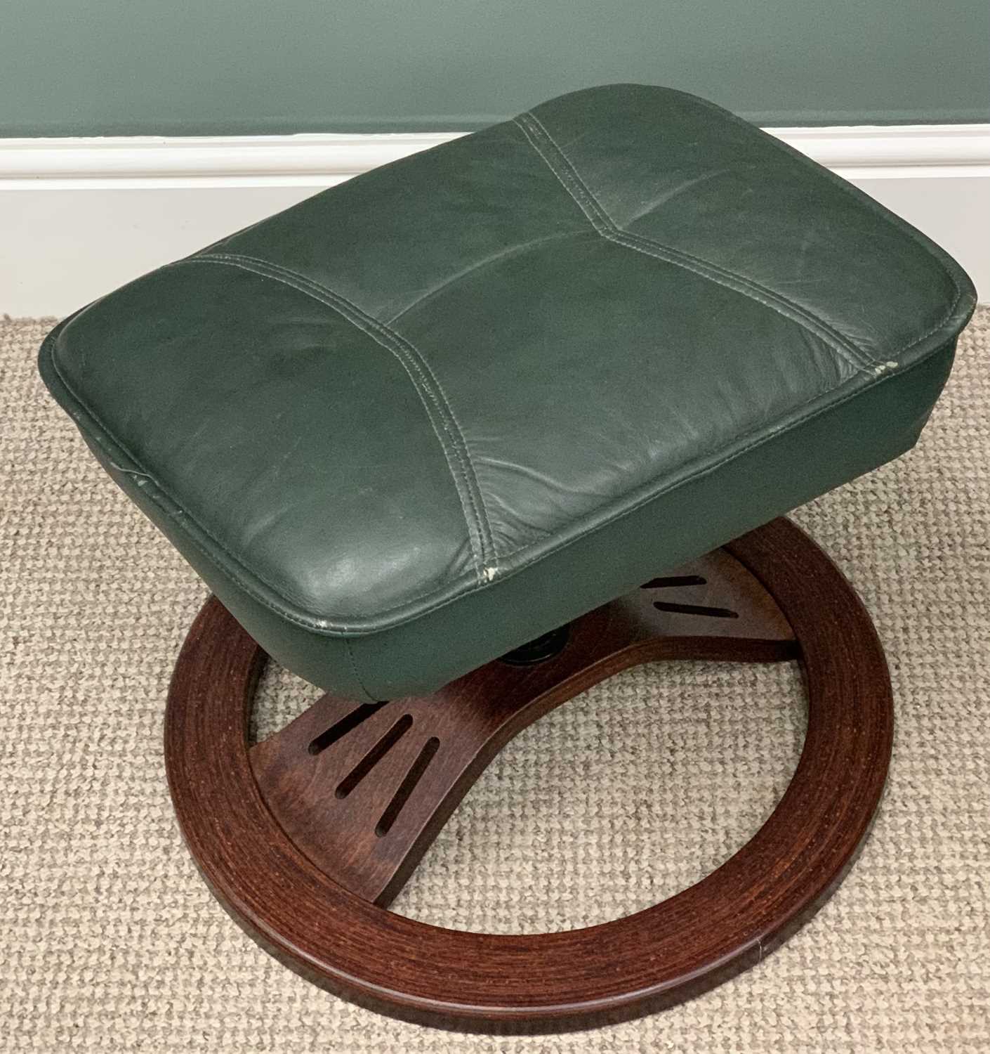 STRESSLESS TYPE REVOLVING & RECLINING ARMCHAIR with matching footstool, in green leather effect - Image 3 of 4