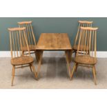 ERCOL ELM / BEECH DROP LEAF TABLE & SET OF FOUR SIMILAR 'MOUSTACHE' CHAIRS, 97 (h) x 42 (w) x 38 (d)