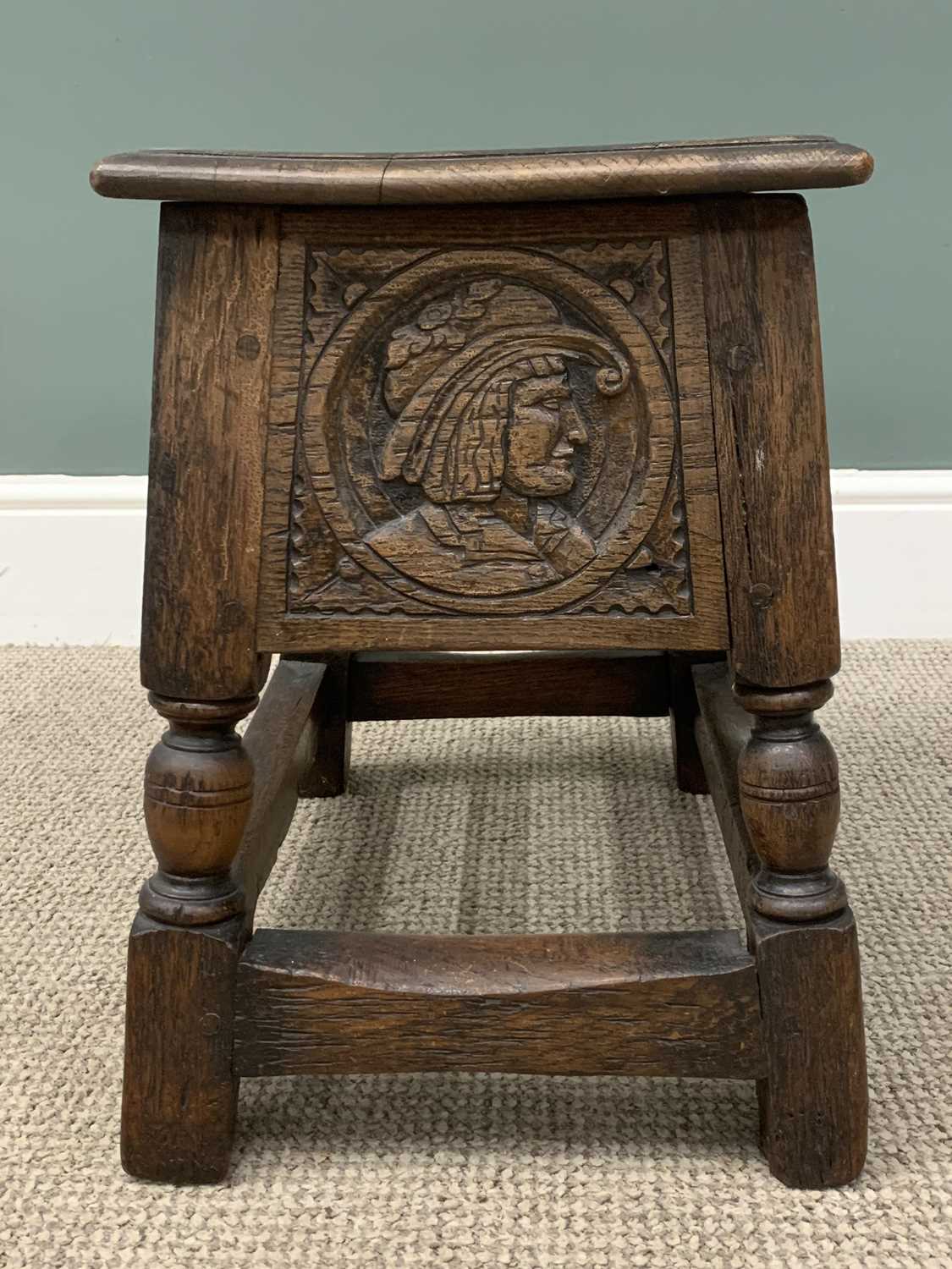 RUSTIC (DUTCH) CARVED OAK STOOL with lift-up lid, 45 (h) x 48 (w) x 34 (d) cms and a circular topped - Image 5 of 6
