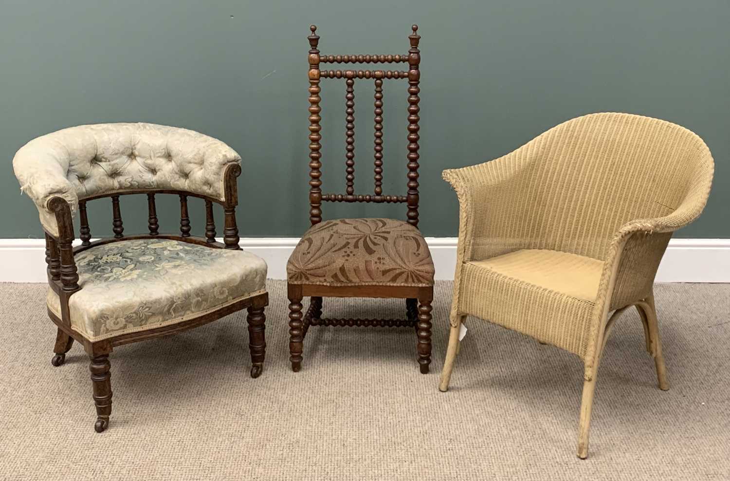 CHAIR ASSORTMENT (3) including an upholstered tub type chair and a bobbin nursing chair