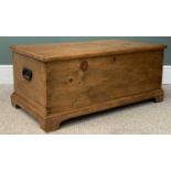 STAINED PINE BLANKET BOX with iron hinges and handles, on bracket supports, 51 (h) x 96 (w) x 52 (d)