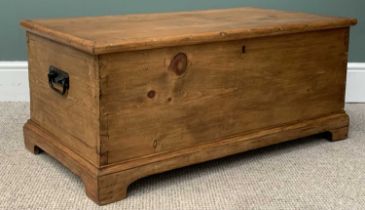 STAINED PINE BLANKET BOX with iron hinges and handles, on bracket supports, 51 (h) x 96 (w) x 52 (d)