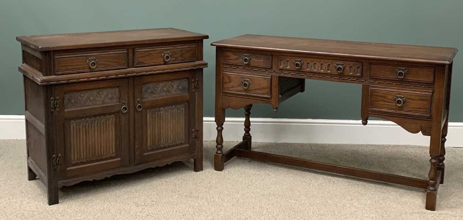TWO ITEMS OF REPRODUCTION FURNITURE comprising oak dressing table/kneehole desk, 77 (h) x 127 (w)