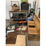 WORKSHOP & GARAGE TOOLS to include a good old timber toolbox, long handled garden tools, vintage