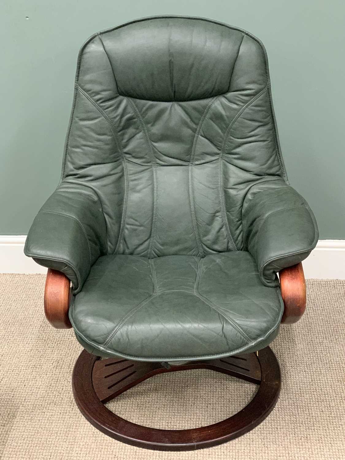 STRESSLESS TYPE REVOLVING & RECLINING ARMCHAIR with matching footstool, in green leather effect - Image 4 of 4