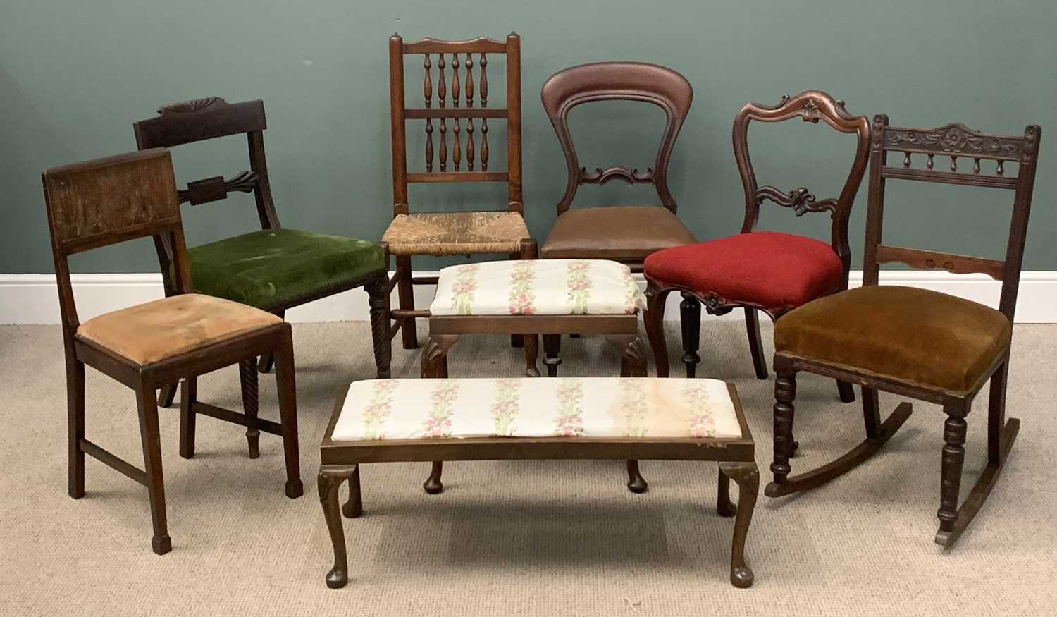 VARIOUS SEATING including a rocker and two footstools Provenance: Private collection Conwy