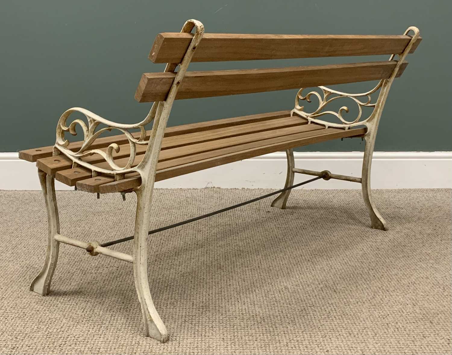 GARDEN BENCH with slatted wooden planks and cast ends, 69 (h) x 122 (w) x 56 (d) cms Provenance: - Image 2 of 3