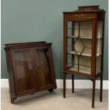 EDWARDIAN MAHOGANY SINGLE DOOR CHINA CABINET with garland and string inlay, on tapered supports, 150