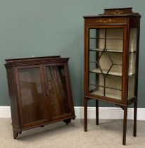 EDWARDIAN MAHOGANY SINGLE DOOR CHINA CABINET with garland and string inlay, on tapered supports, 150