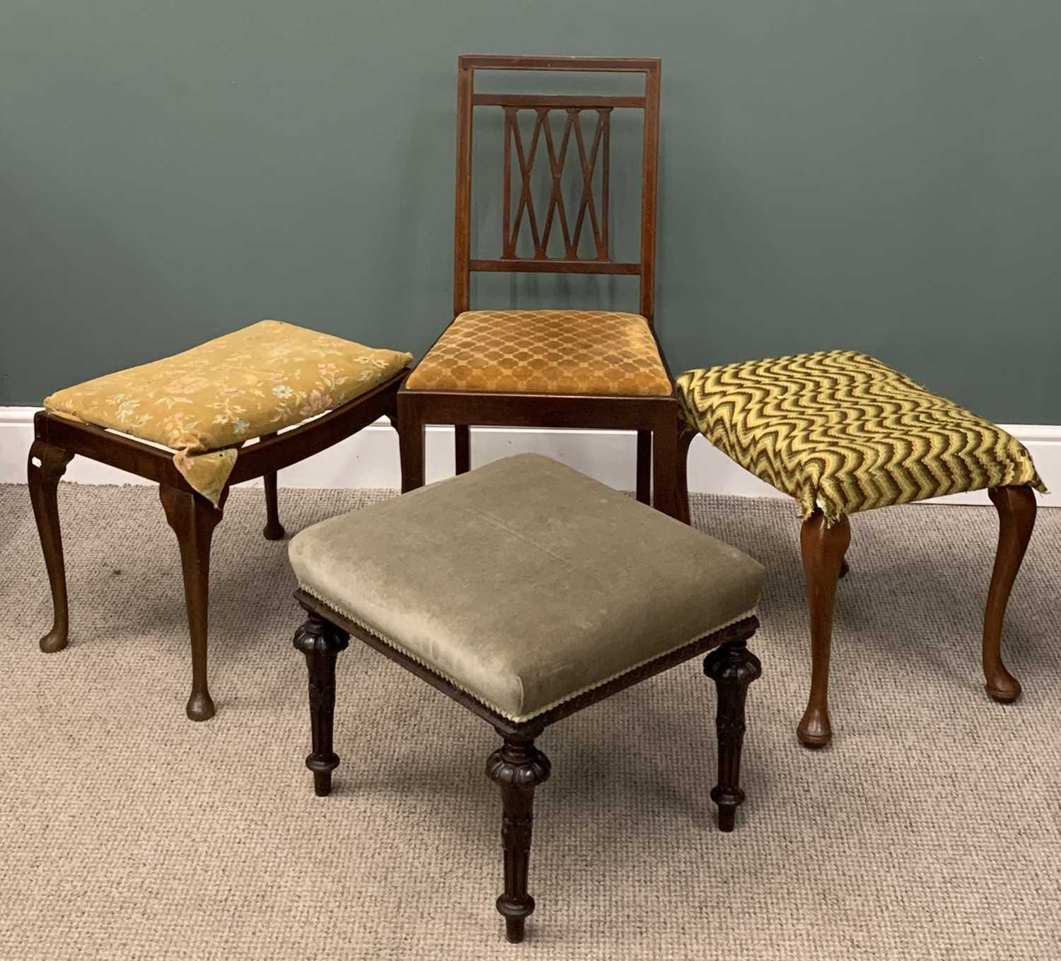 THREE VINTAGE UPHOLSTERED FOOT & OTHER STOOLS / INLAID MAHOGANY BEDROOM CHAIR Provenance: Private