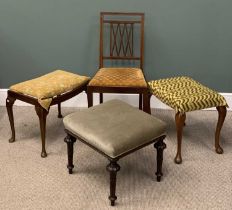 THREE VINTAGE UPHOLSTERED FOOT & OTHER STOOLS / INLAID MAHOGANY BEDROOM CHAIR Provenance: Private