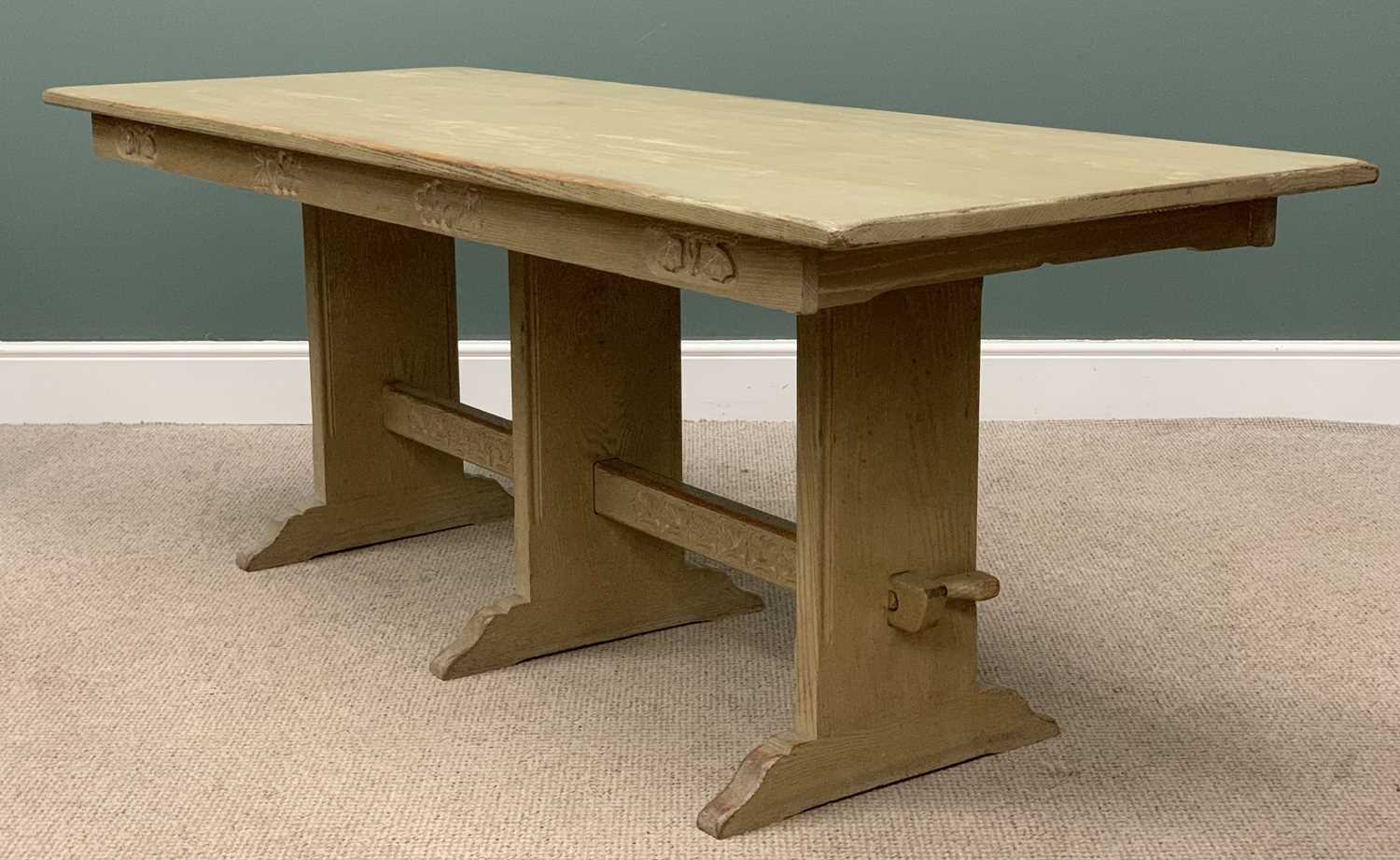 LIMED OAK DINING SUITE comprising refectory type table, 74 (h) x 198 (w) x 77 (d) cms, six dining - Image 16 of 17