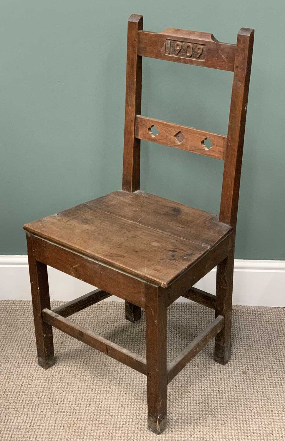 FARMHOUSE CHAIR carved "1909", 96 (h) x 48 (w) x 35 (d) cms and a similar type ELBOW CHAIR - Image 2 of 4