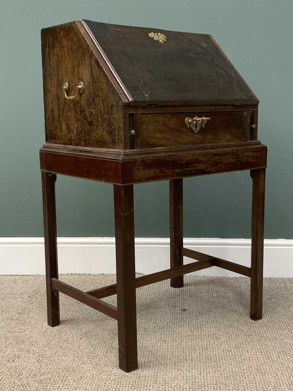 GEORGE III TYPE MAHOGANY CAMPAIGN BUREAU ON STAND with brass handles and furniture, 98 (h) x 61 ( - Image 5 of 6