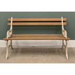 GARDEN BENCH with slatted wooden planks and cast ends, 69 (h) x 122 (w) x 56 (d) cms Provenance: