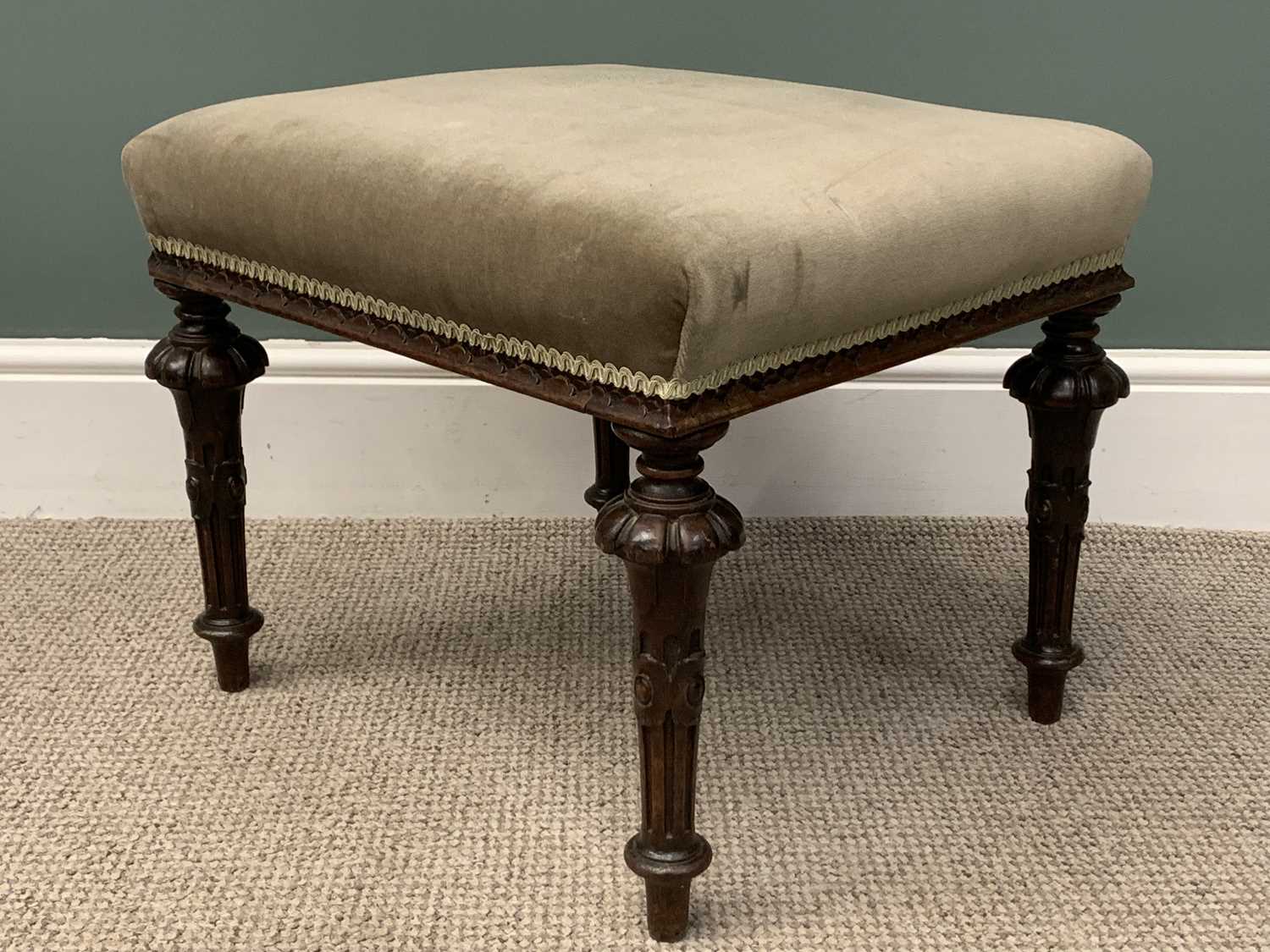 THREE VINTAGE UPHOLSTERED FOOT & OTHER STOOLS / INLAID MAHOGANY BEDROOM CHAIR Provenance: Private - Image 5 of 5