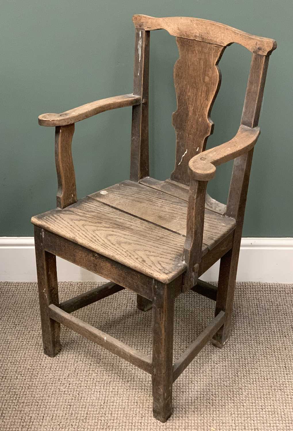 FARMHOUSE CHAIR carved "1909", 96 (h) x 48 (w) x 35 (d) cms and a similar type ELBOW CHAIR - Image 4 of 4