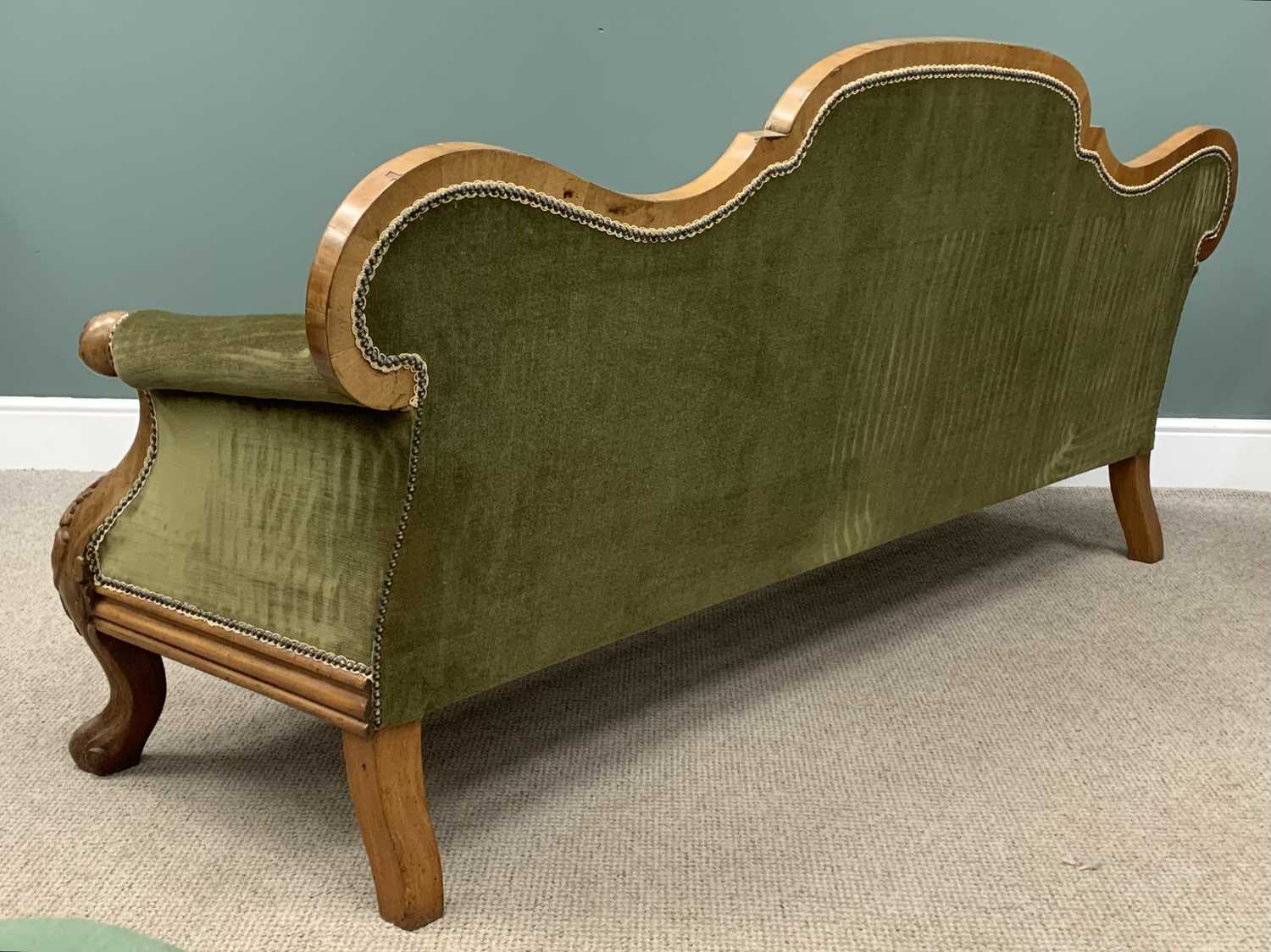 FINE ANTIQUE CARVED WALNUT SOFA with shaped back, on cabriole supports, green dralon upholstery, - Image 2 of 3