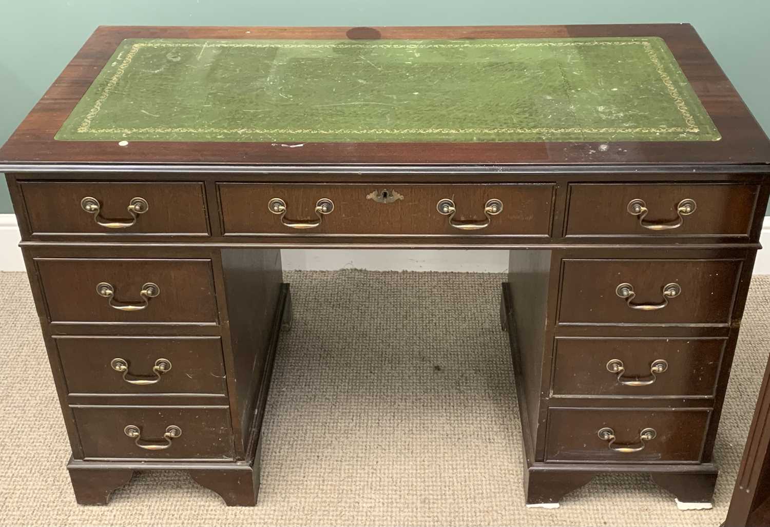 REPRODUCTION DESK with tooled green leather effect top and twin pedestals, 76 (h) x 122 (w) x 61 (d) - Image 2 of 4